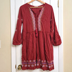 Knox Rose Red Maroon Embroidered Long Sleeve Dress Textured Tassel Neck Size M